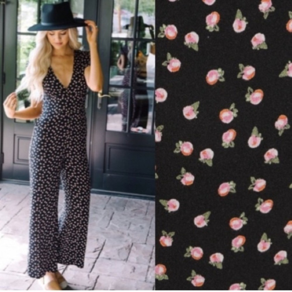 Free People Jumpsuit S 2 Floral Black‎ Wide Leg Preppy Boho Cottagecore Coquette